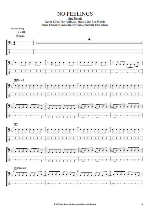 No Feelings Sex Pistols guitar pro tab EBass Full Score mysongbook