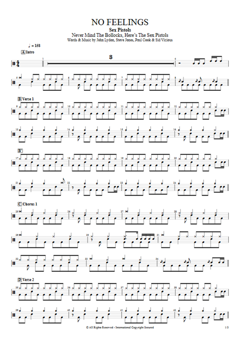 No Feelings Sex Pistols guitar pro tab Drums Full Score mysongbook