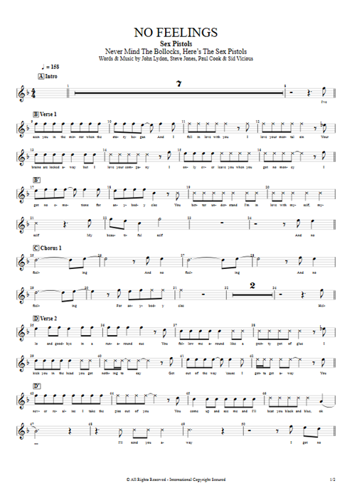 No Feelings Sex Pistols guitar pro tab Vocals Guitars, Bass & Backing Track mysongbook