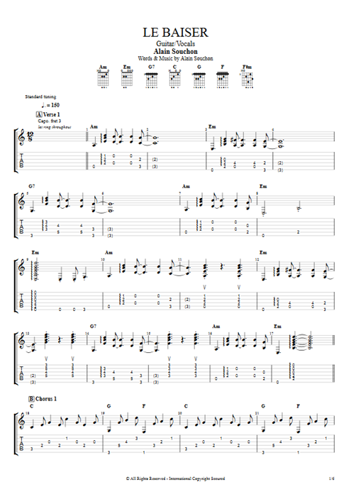 Le Baiser Alain Souchon guitar pro tab AGuitar Guitar & Vocals mysongbook