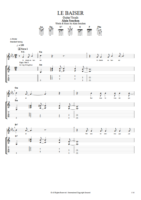 Le Baiser Alain Souchon guitar pro tab Full Score Guitar & Vocals mysongbook
