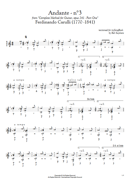 Opus 241 Part One Andante N°3 Ferdinando Carulli guitar pro tab AGuitar Solo Guitar mysongbook