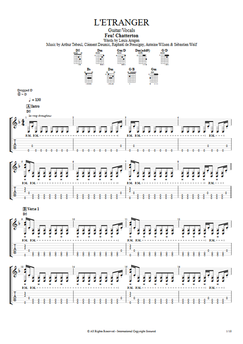 L'étranger Feu ! Chatterton guitar pro tab AGuitar Guitar & Vocals mysongbook