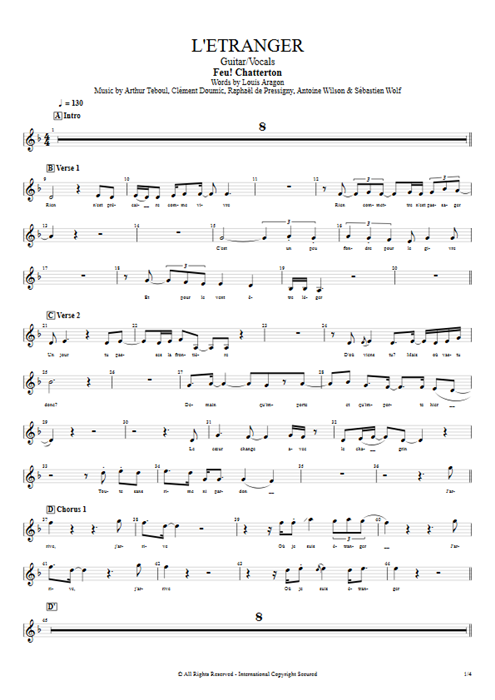 L'étranger Feu ! Chatterton guitar pro tab Vocals Guitar & Vocals mysongbook