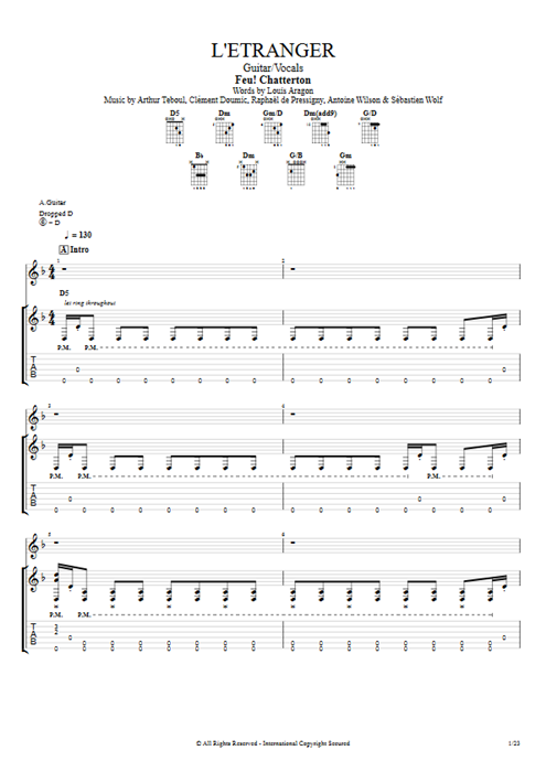 L'étranger Feu ! Chatterton guitar pro tab Full Score Guitar & Vocals mysongbook