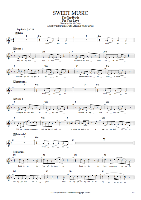 Sweet Music The Yardbirds guitar pro tab Vocals Full Score mysongbook