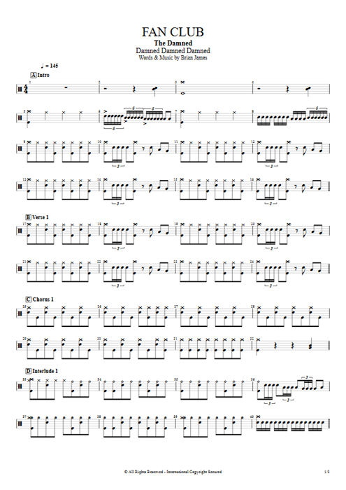 Fan Club The Damned guitar pro tab Drums Full Score mysongbook