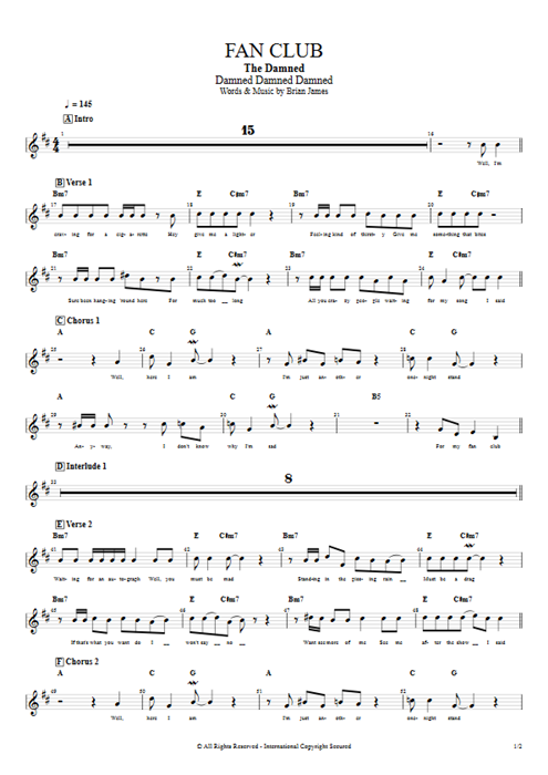 Fan Club The Damned guitar pro tab Vocals Full Score mysongbook
