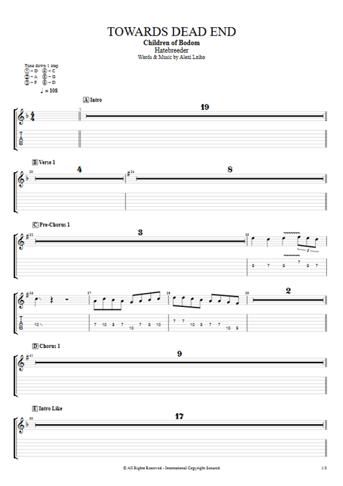 Towards Dead End Children of Bodom guitar pro tab EGuitarV Full Score mysongbook