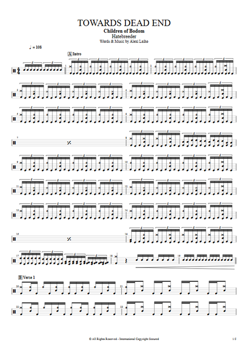 Towards Dead End Children of Bodom guitar pro tab Drums Full Score mysongbook