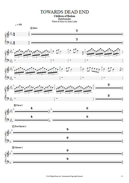 Towards Dead End Children of Bodom guitar pro tab Keyboard Full Score mysongbook