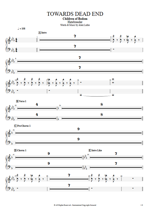 Towards Dead End Children of Bodom guitar pro tab Synth Full Score mysongbook