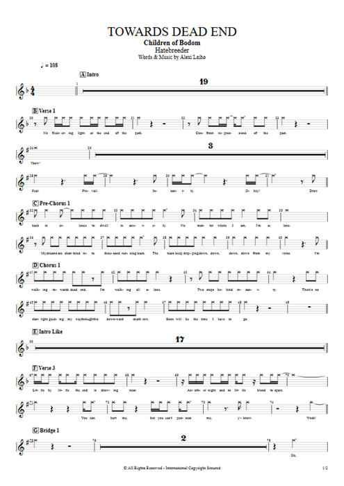Towards Dead End Children of Bodom guitar pro tab Vocals Full Score mysongbook